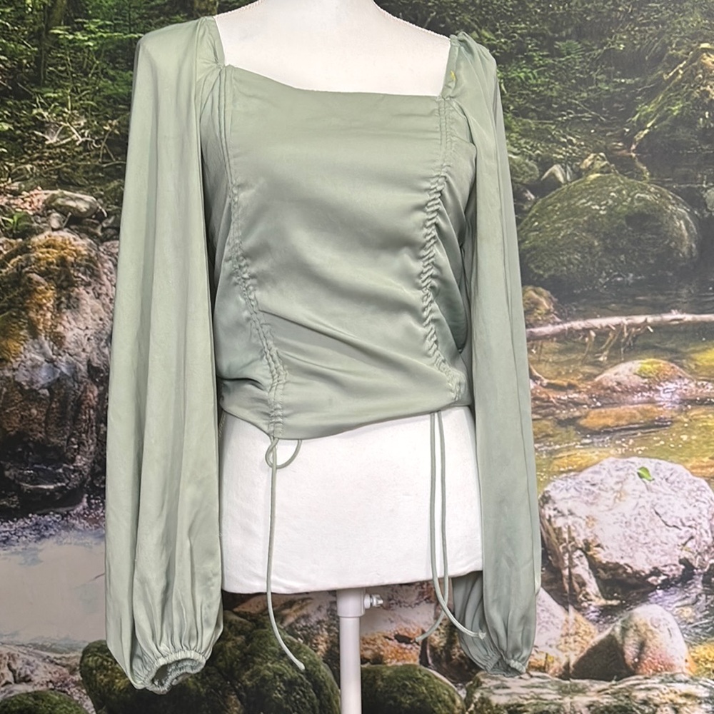 Green Puff Sleeve Ruched Blouse with Tie Front